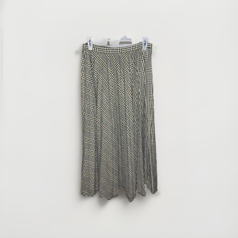 MANGO Skirt Pleated Houndstooth Sz Small Tan Brown Flowy Side Zip Career Preppy